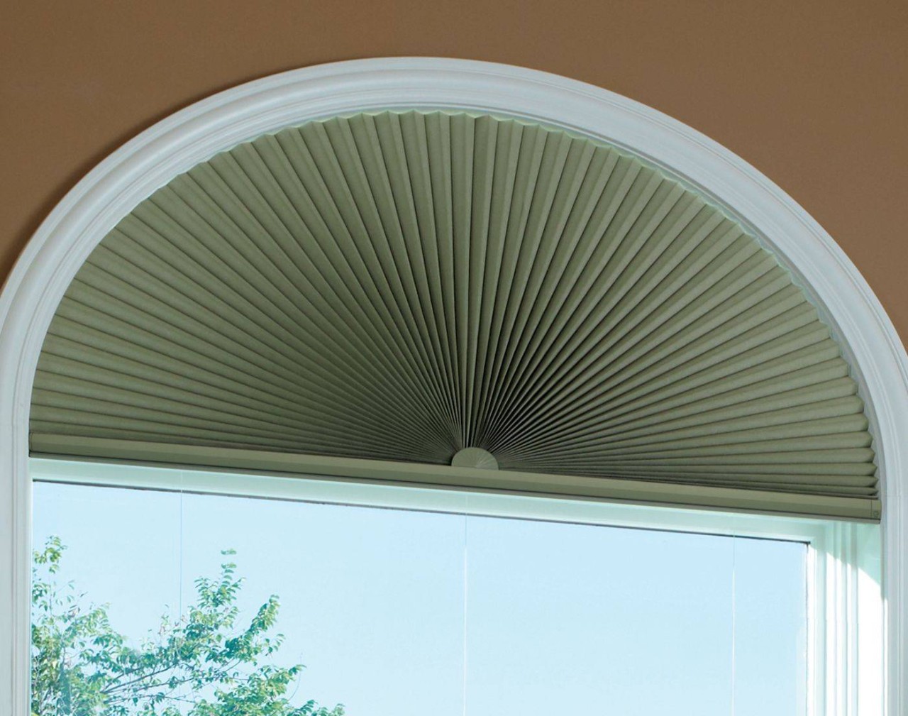 Half Moon Hunter Douglas Duette® Cellular Shade decorating the top of a home window at Walls & Windows near Bellingham, WA