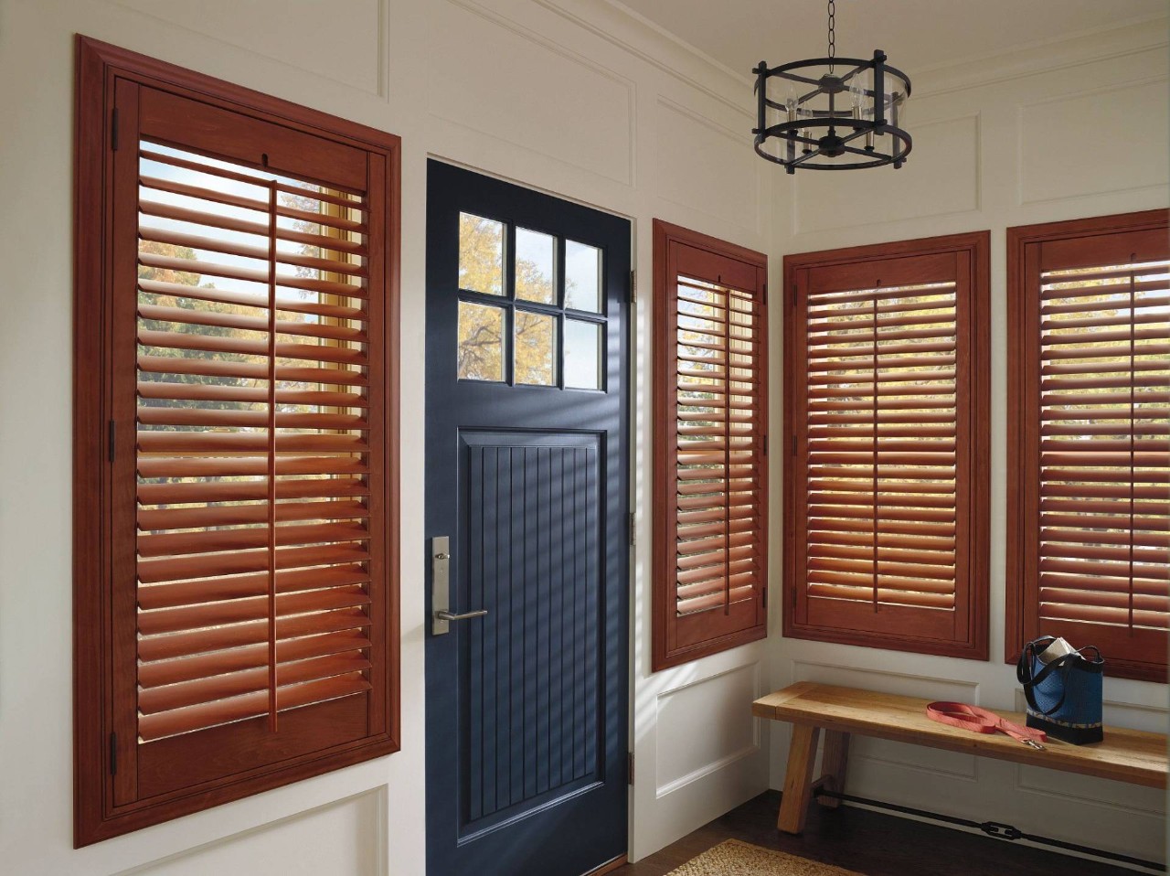 Hunter Douglas Heritance® Wood Shutters adorning the windows of a modern home interior near Bellingham, WA 