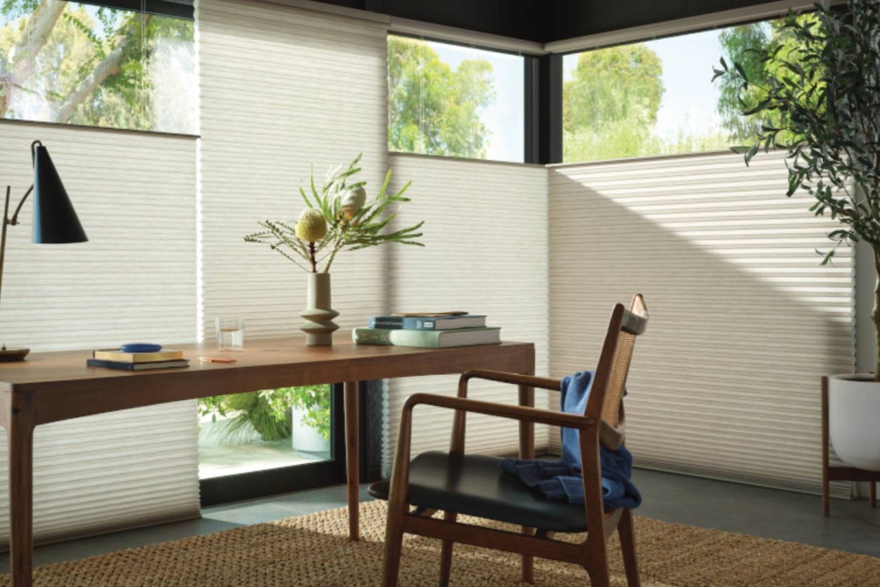 Hunter Douglas Duette® Cellular Shades with the Top-Down/Bottom-Up system in a serene home office near Bellingham, WA
