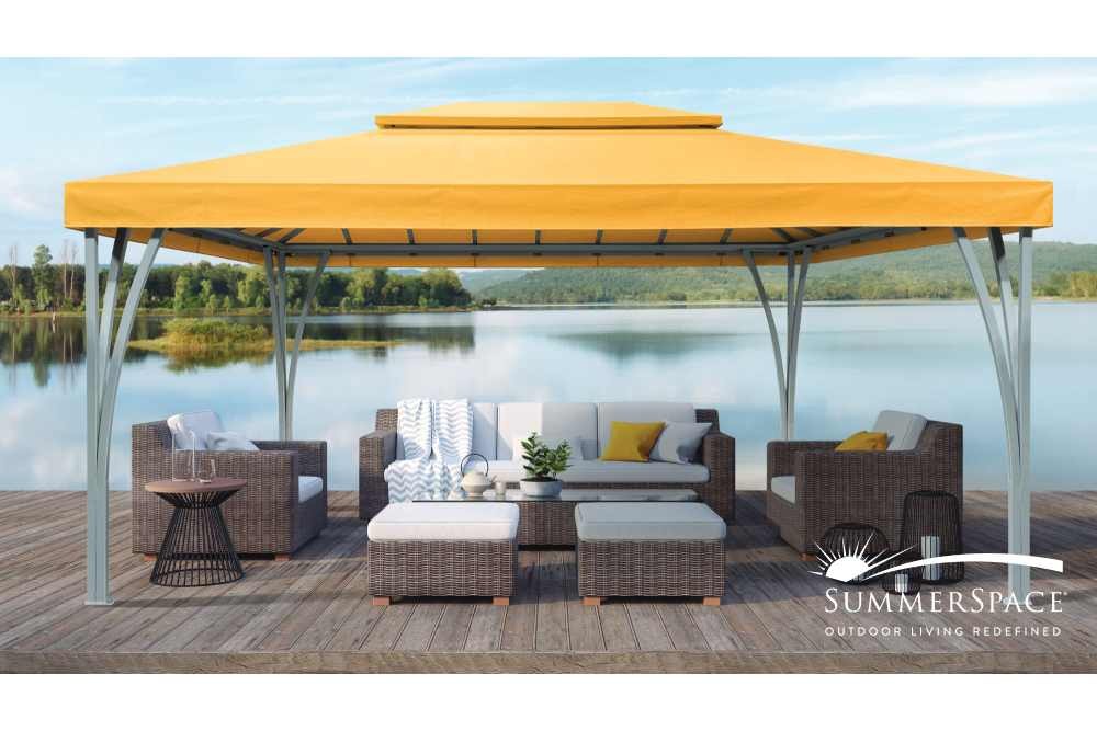 A bright yellow SummerSpace® Open Air Cabana mounted on a waterfront dock near Bellingham, Washington (WA)